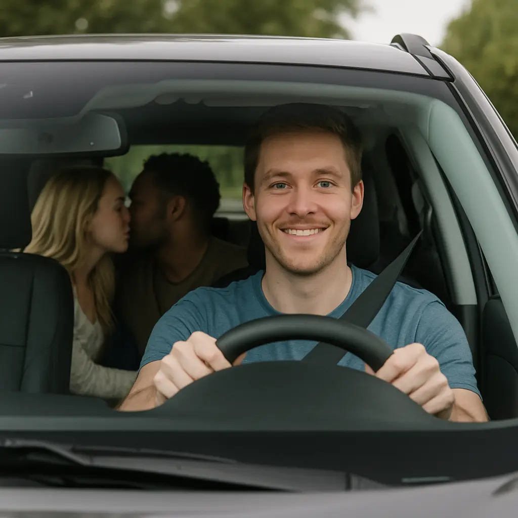 wife making out with her boyfriend in the back of the car seat.