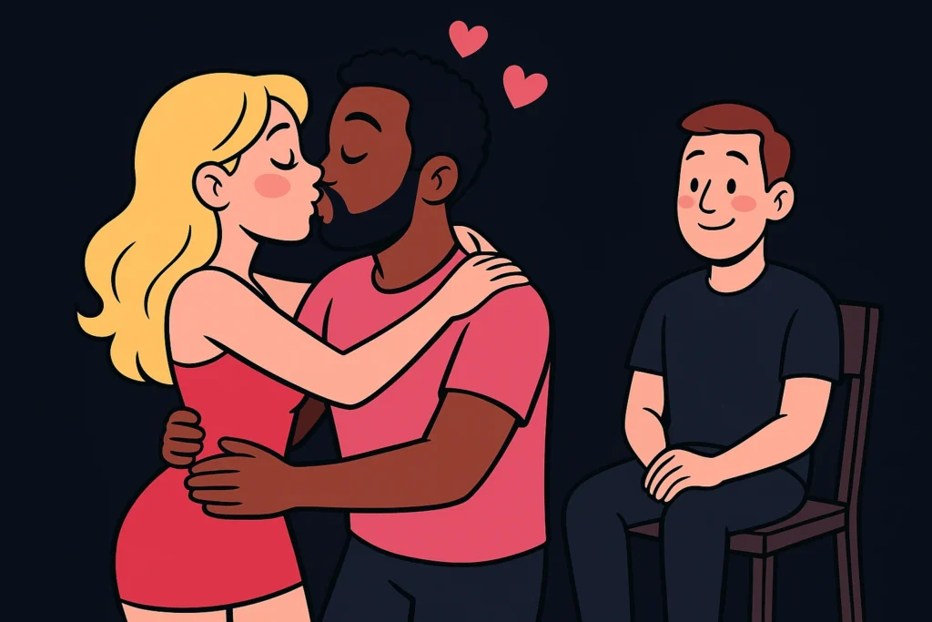 Image for a cuckold blog showing a black man kissing a blonde wife while the cuckolded husband observes, reflecting insider perspectives on cuckolding