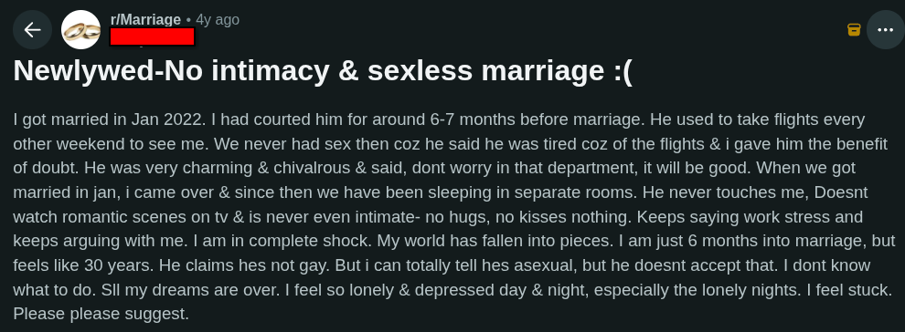 newlyweds no intimacy sexless marriage woman regret her choice.